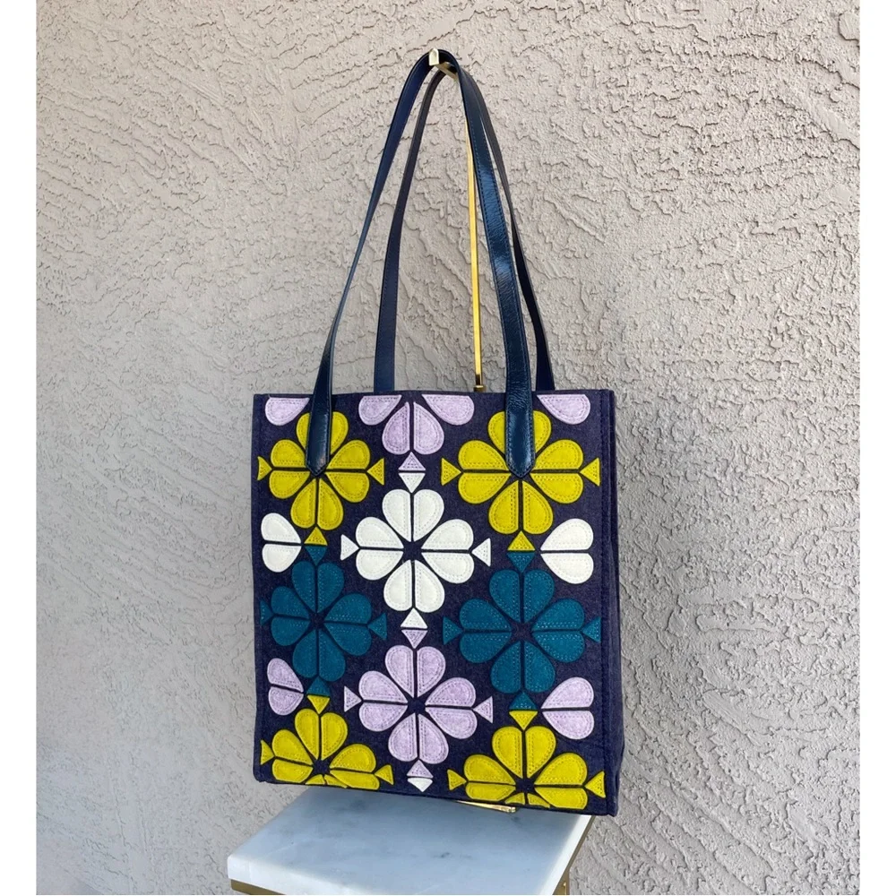 KATE SPADE Blue Purple Kitt North South Floral Felt Tote Bag & Matching Pouch